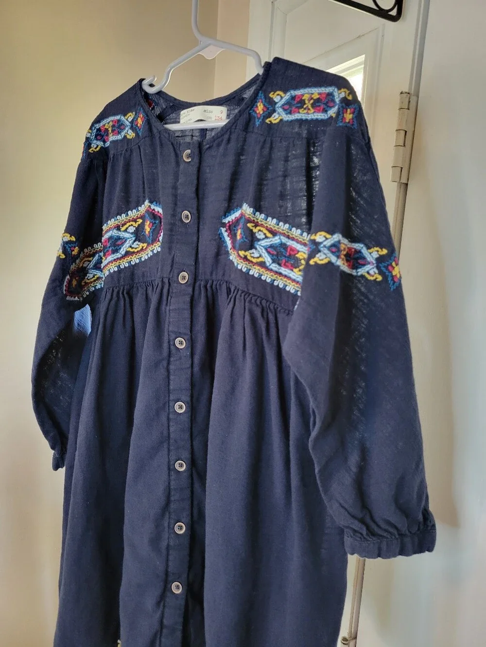 Zara Kids Bohemian‎ Embroidered Floral Navy Blue Cotton Dress, Size 9 Kids